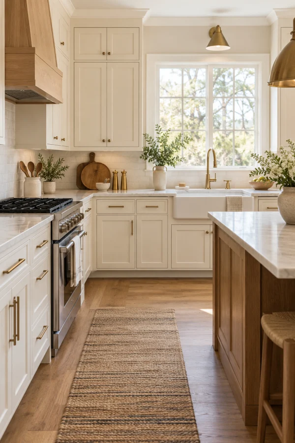 Kitchen with cream painted cabinets, a farmhouse sink and a wood island