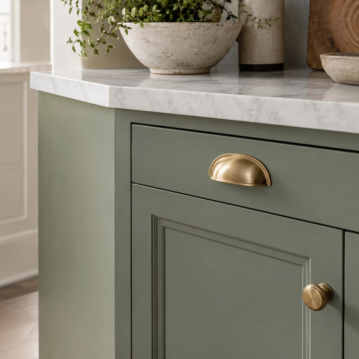 Close-up of a sage green cabinet door with a brass cup pull