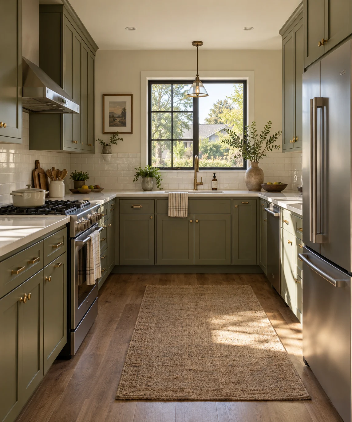Galley kitchen with sage green cabinets and a woven runner