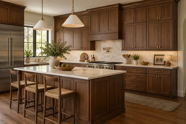Kitchen with stained wood cabinets, a pale stone island and pendant lights