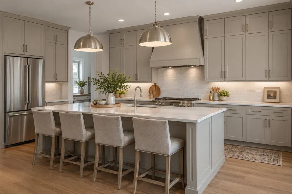 Kitchen with grey shaker cabinets, a white island and four upholstered stools