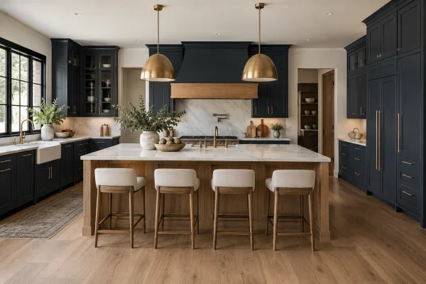 Kitchen with navy cabinets, a white island with wood stools and brass pendants