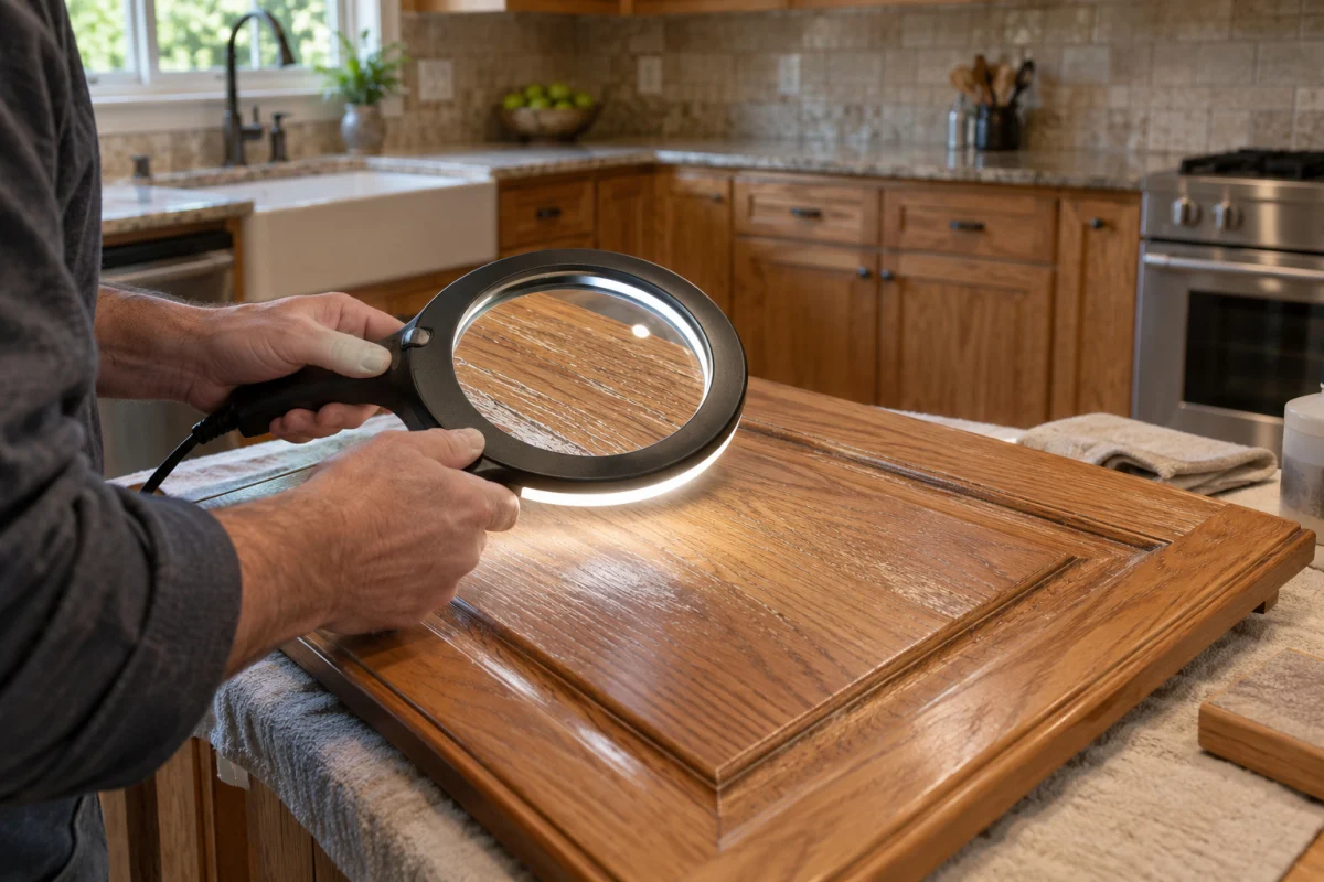 Checking the finish of a wood cabinet door with a magnifying glass