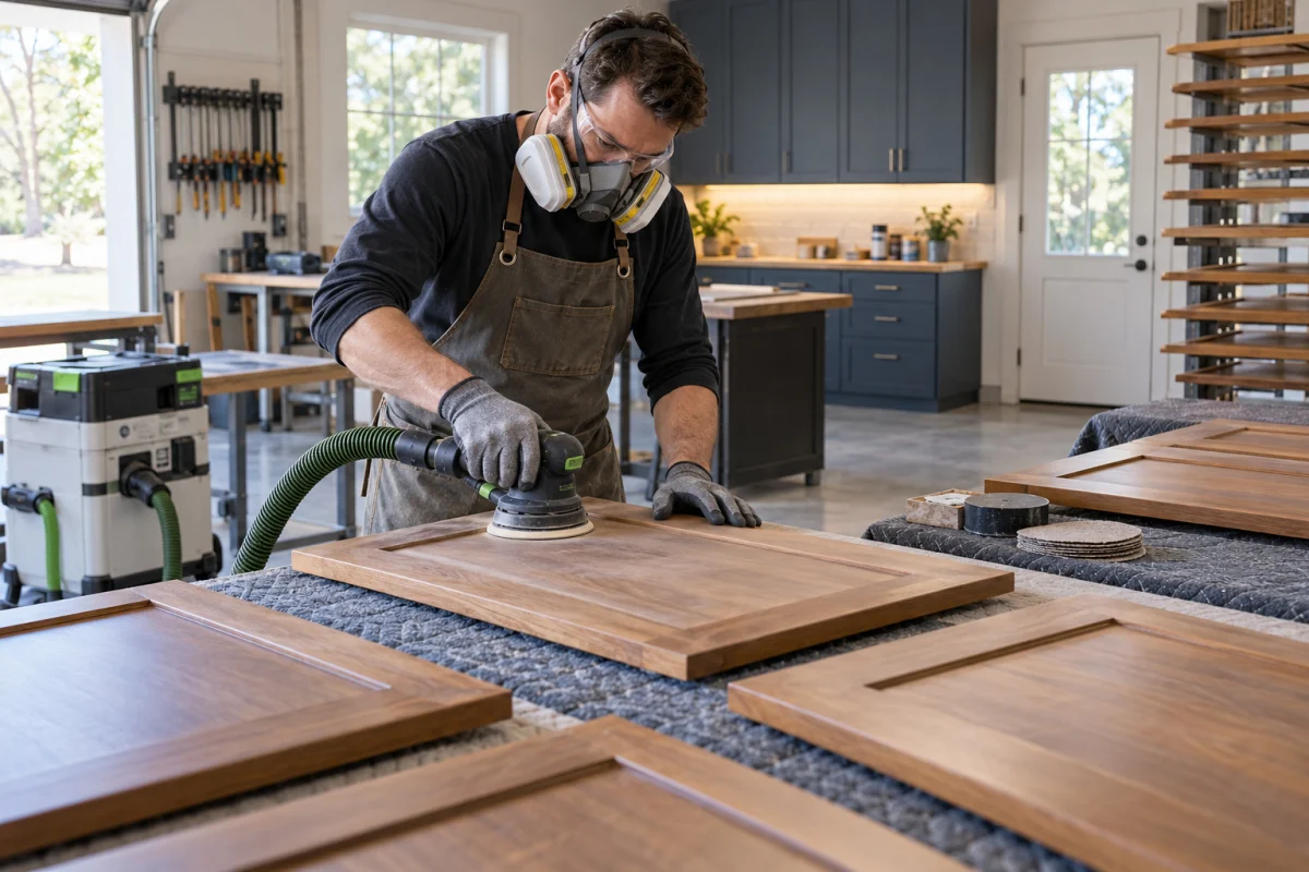 Worker in a respirator sanding cabinet doors in a workshop