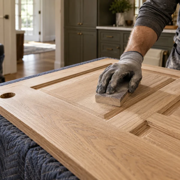 Gloved hand sanding the face of a wood cabinet door