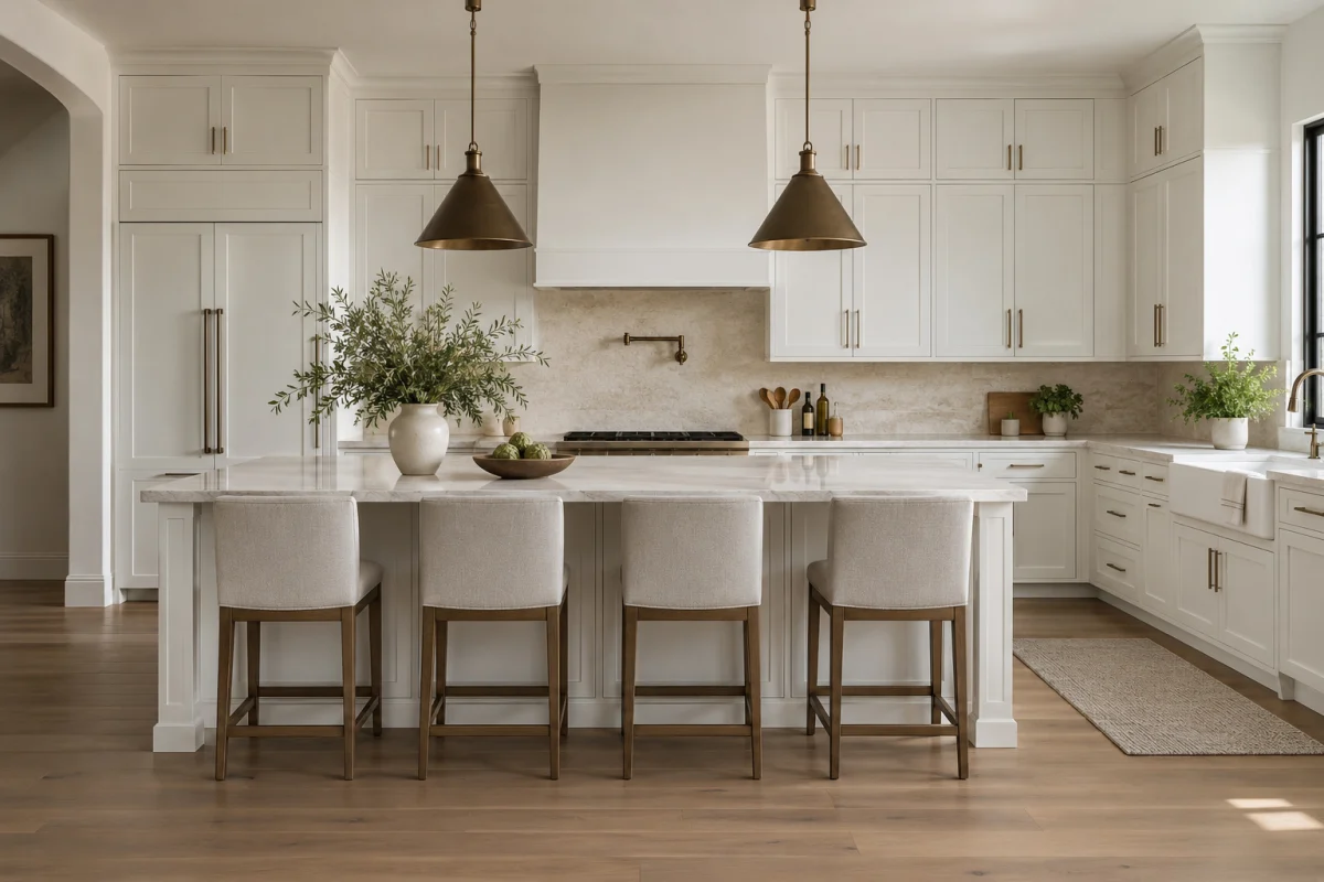 White kitchen with a large island, upholstered stools and brass pendants