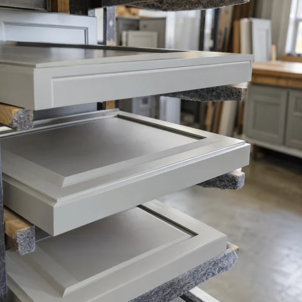 Stack of new painted shaker cabinet doors in a workshop