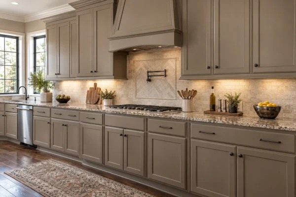 Kitchen with taupe painted cabinets, granite counters and a tile backsplash