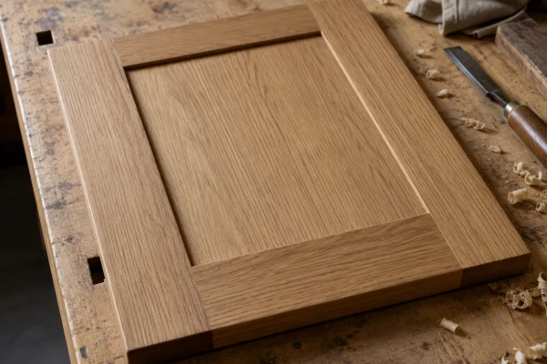 Close-up of a solid oak shaker cabinet door on a workbench