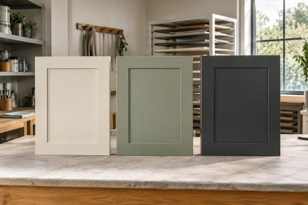 Three cabinet door samples in cream, sage and charcoal