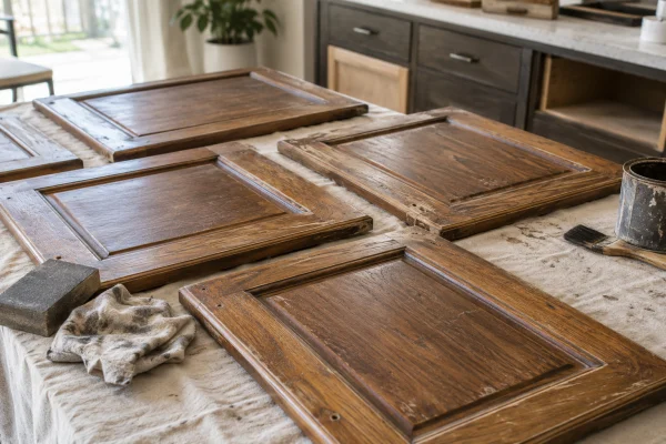 Stained wood cabinet doors laid out on drop cloths for refinishing