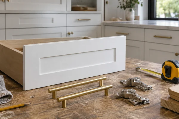 White drawer front with brass bar pulls and hinges on a workbench