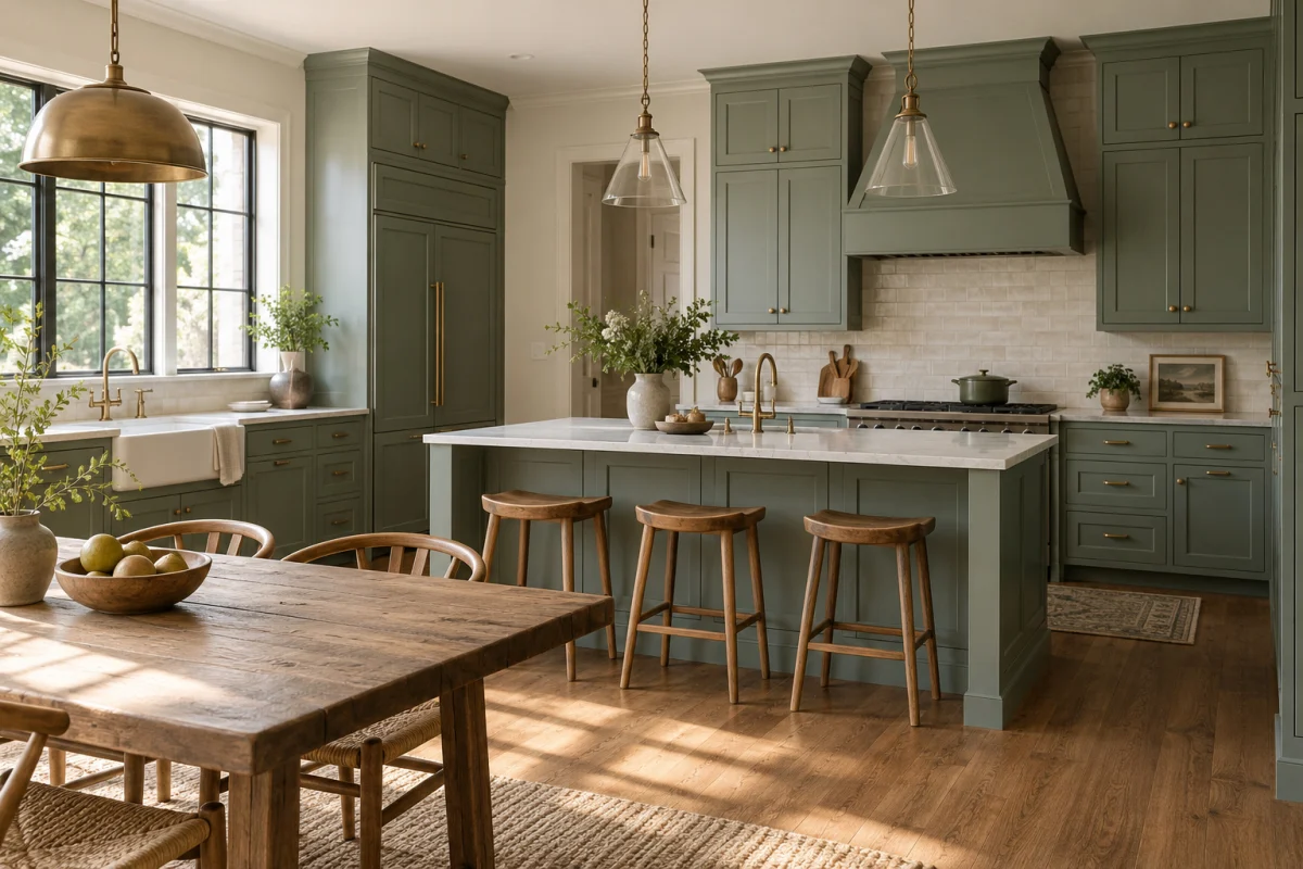 Sage green kitchen with an island and a wood dining table