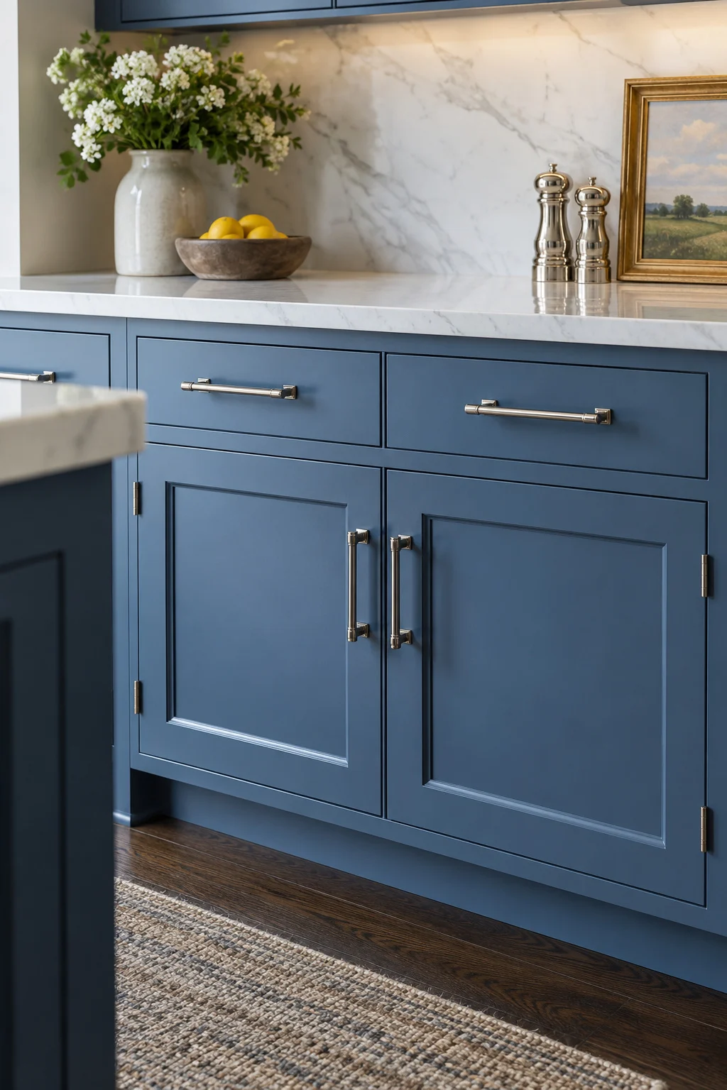 Blue painted lower cabinets with silver bar pulls