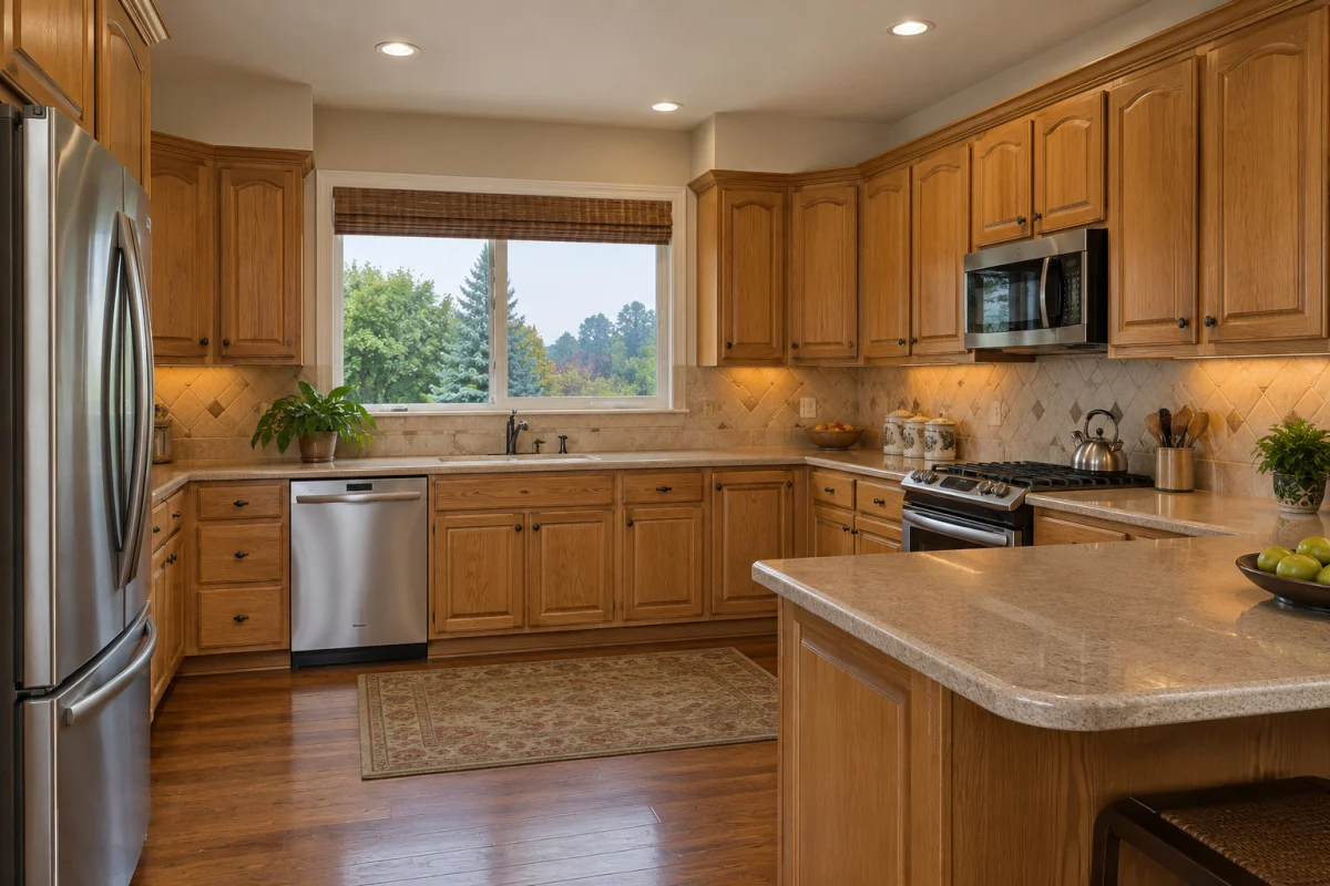 Dated honey oak kitchen cabinets with beige granite counters