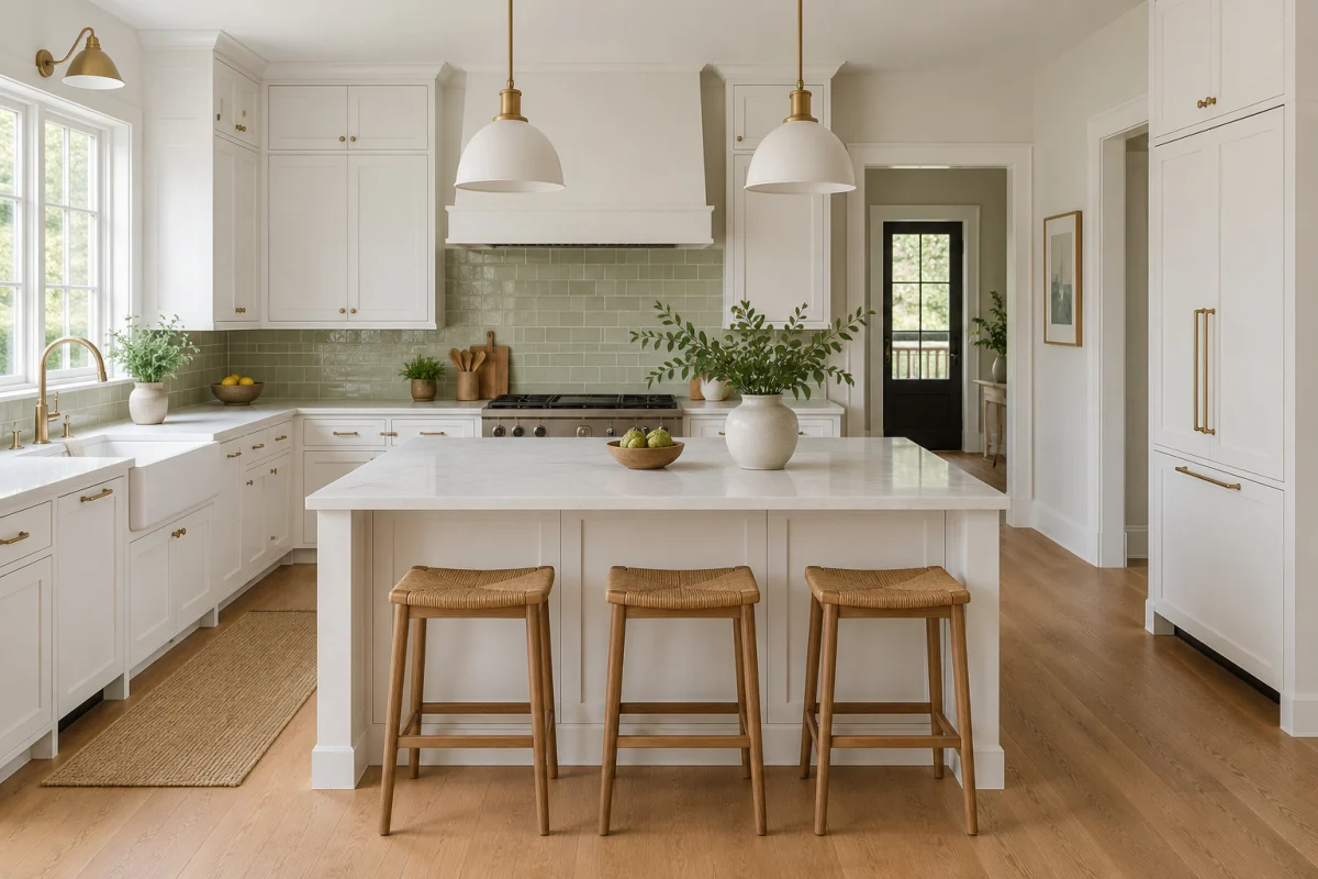 Bright white kitchen with a green tile backsplash and an island with rattan stools