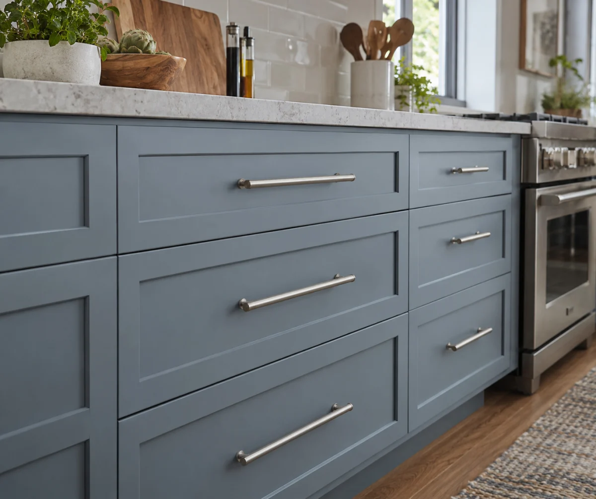 Blue drawer bank with long silver bar pulls