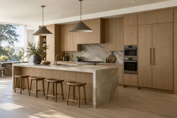 Kitchen with light oak flat-panel cabinets and a marble waterfall island