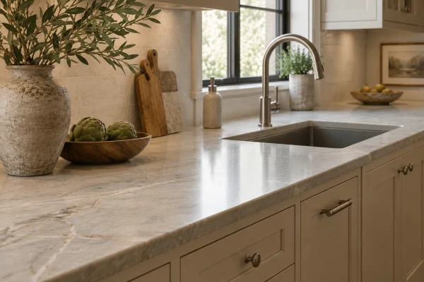 Pale quartzite countertop with an undermount sink above cream cabinets
