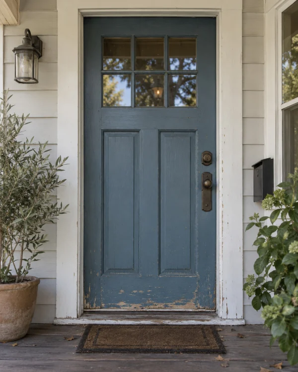 Weathered blue-gray front door with worn paint