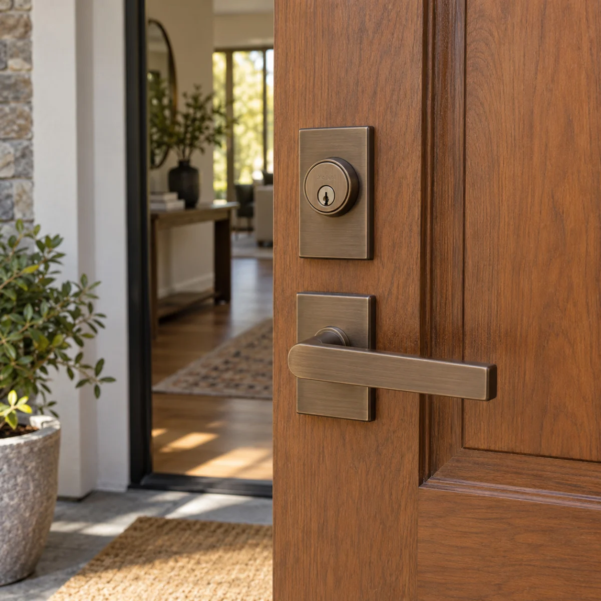 Bronze lever handle and deadbolt on a wood door