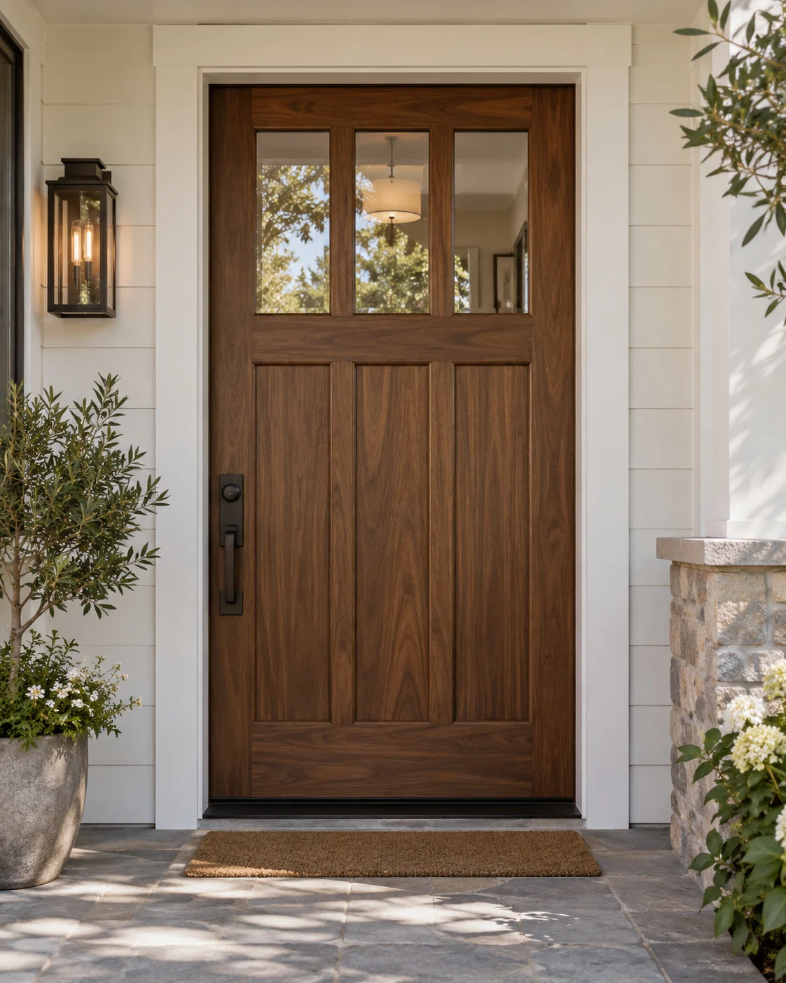 Walnut front door with three glass panels and bronze hardware