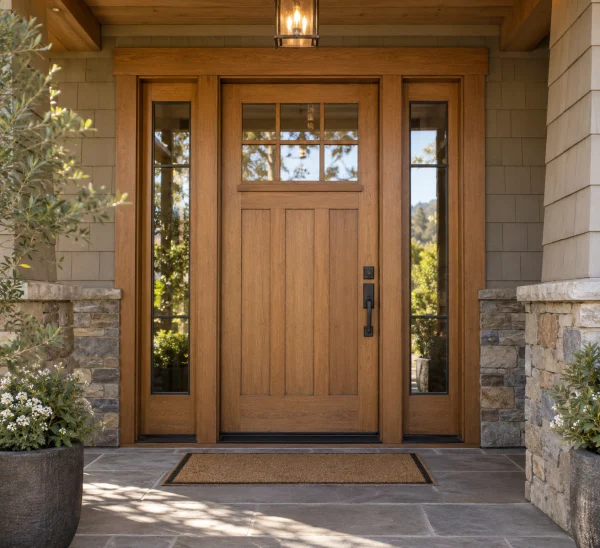 Oak craftsman front door with narrow sidelights