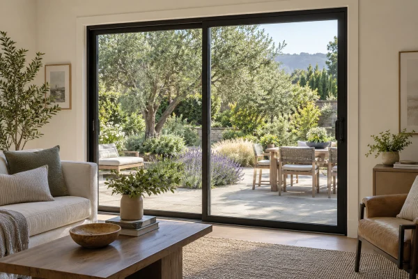 Black-framed sliding glass door opening onto a garden