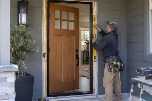 Installer leveling a new wood entry door in its frame