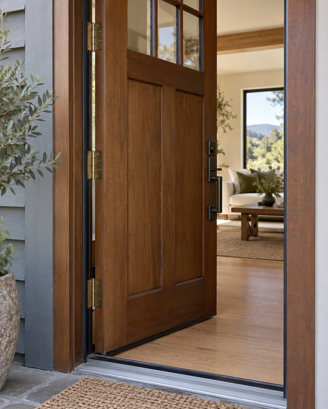 Wood entry door standing partly open