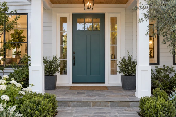 Teal front door with glass sidelights on a white porch
