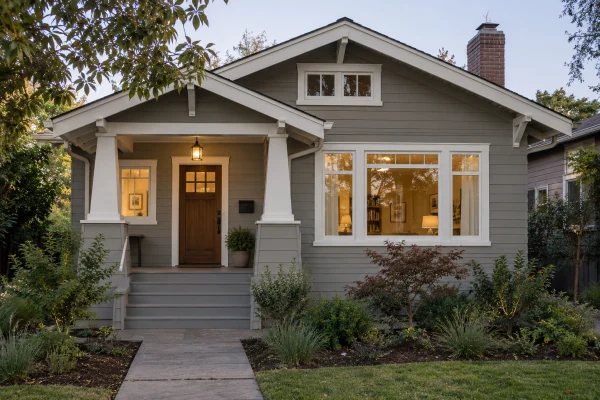 Gray craftsman bungalow with white-framed windows and a wood door