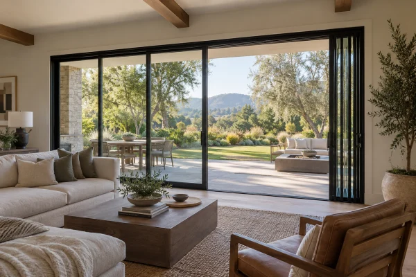 Living room with a wide sliding glass wall onto a garden
