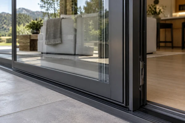 Close view of a dark-framed sliding glass door at the floor