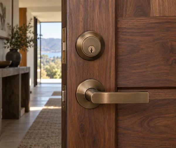 Bronze deadbolt and lever on a walnut door