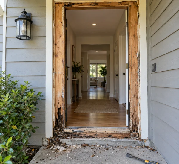Old door frame removed, showing rot near the threshold