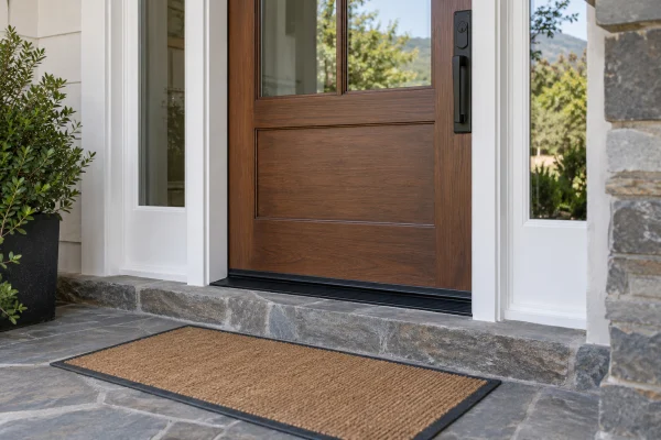 Wood front door with a low threshold on a stone porch