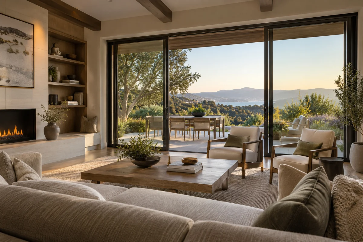 Living room with dark-framed sliding doors to a terrace