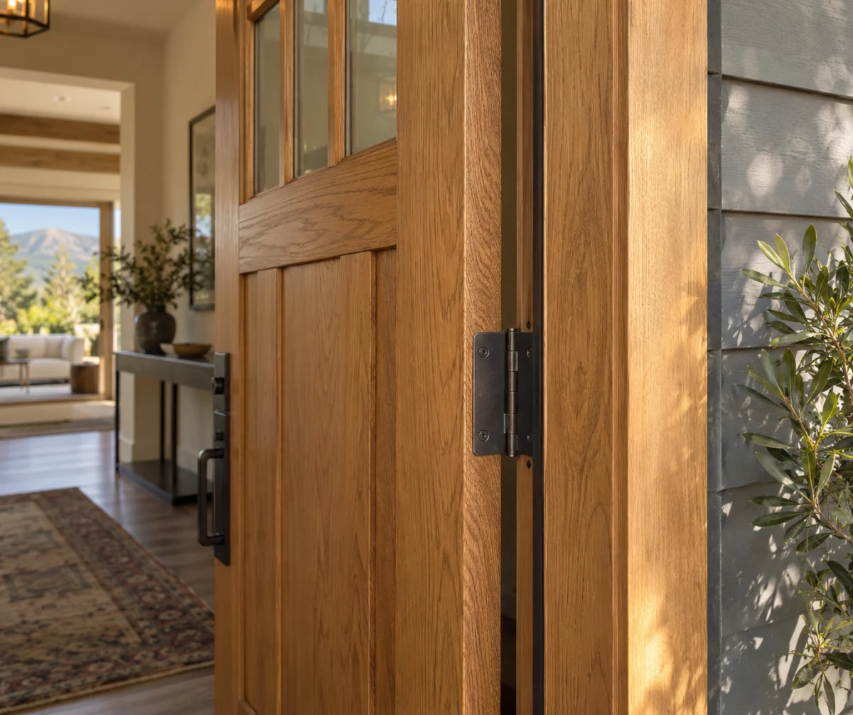Corner of an oak door with a dark hinge