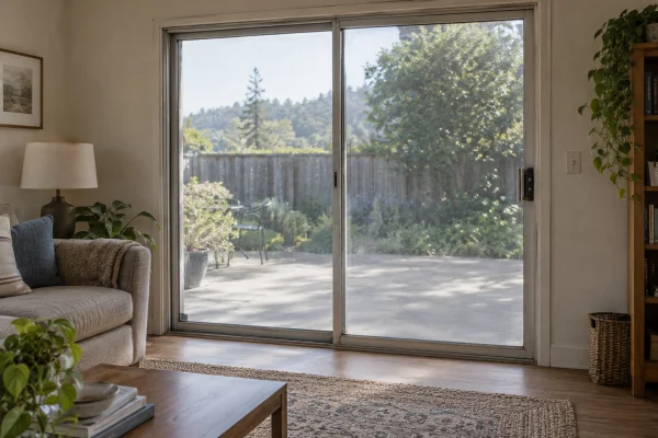 Older aluminum sliding patio door in a family room