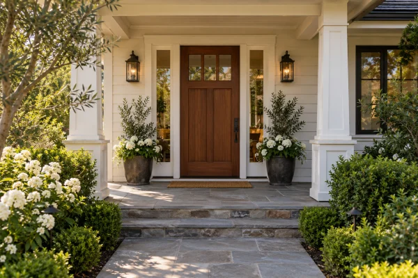 Red-brown wood front door with white trim and garden plants
