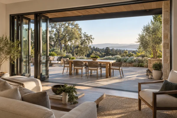 Living room open to a dining terrace through folding glass doors
