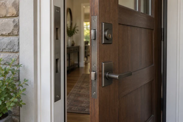 Partly open wood door showing the lock and strike plate