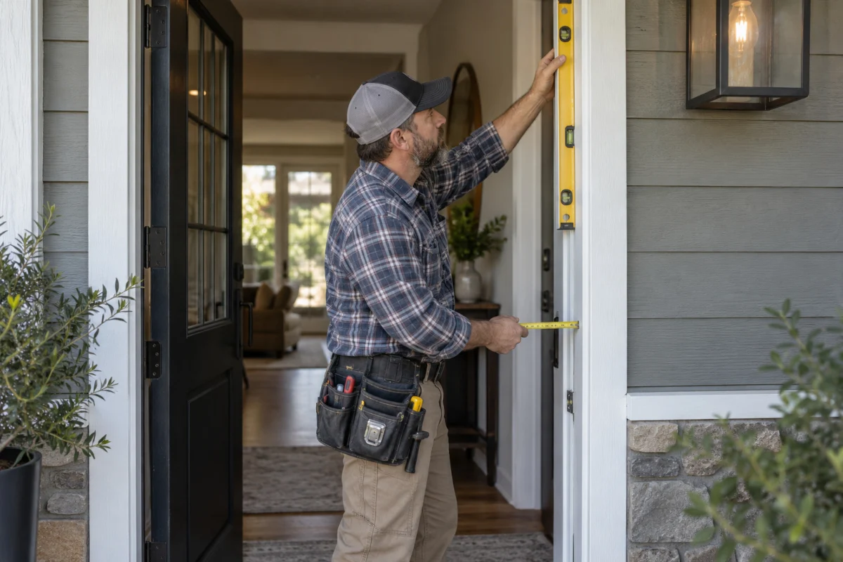 Man checking a door frame with a level