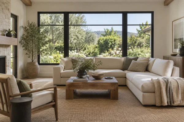 Living room with large black-framed windows and a garden view