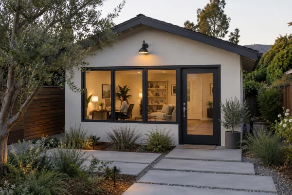 Garage converted to an office with glass doors