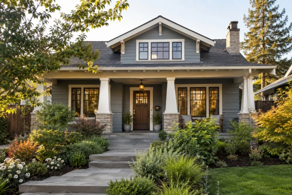 Craftsman bungalow with blue-gray siding and a stone path
