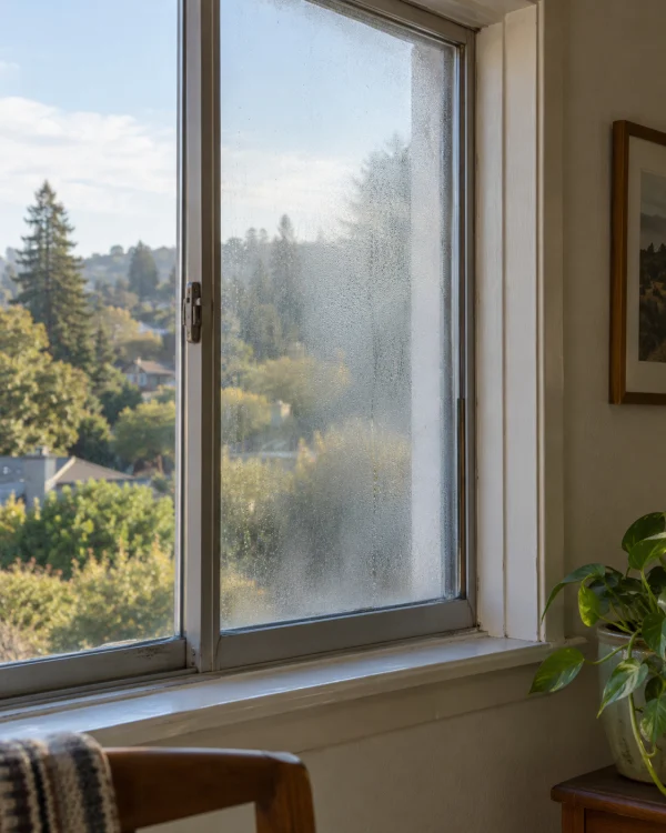 Old aluminum window with fogging between the panes