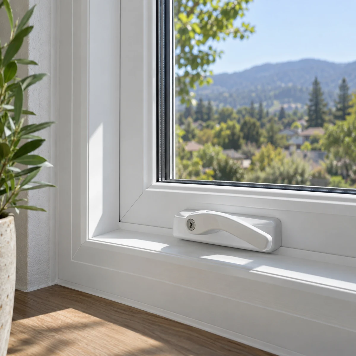 Close view of a new white vinyl window and latch