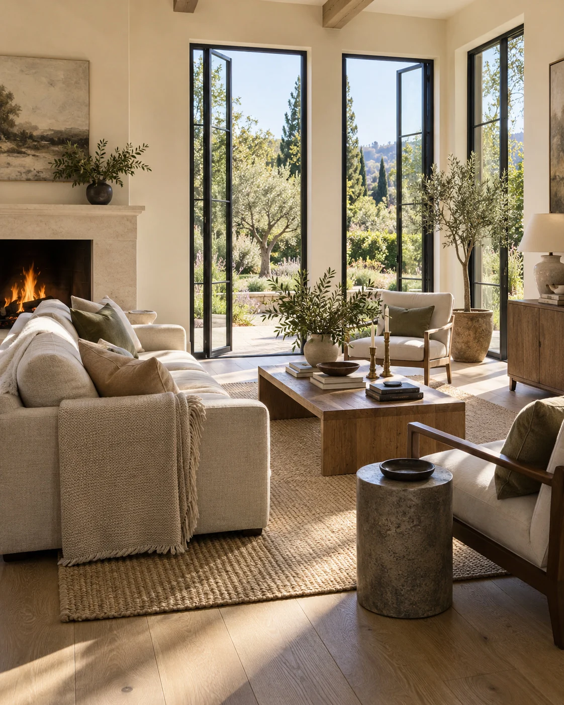 Living room with tall slim-framed windows and a fireplace